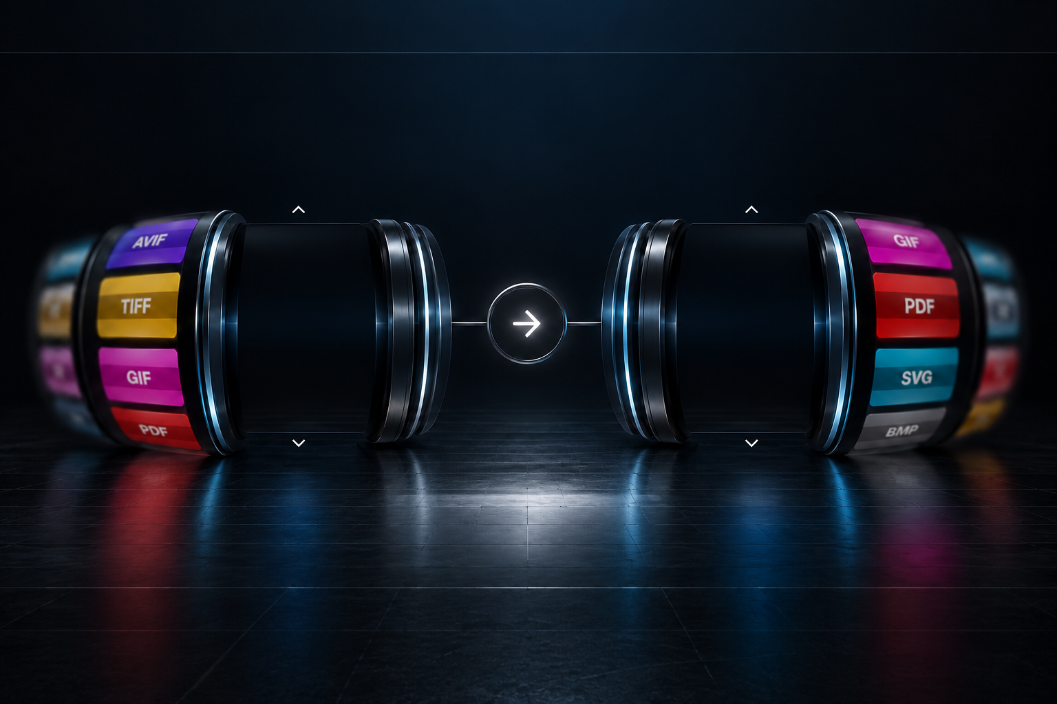 Metal source and target rollers in a dark scene